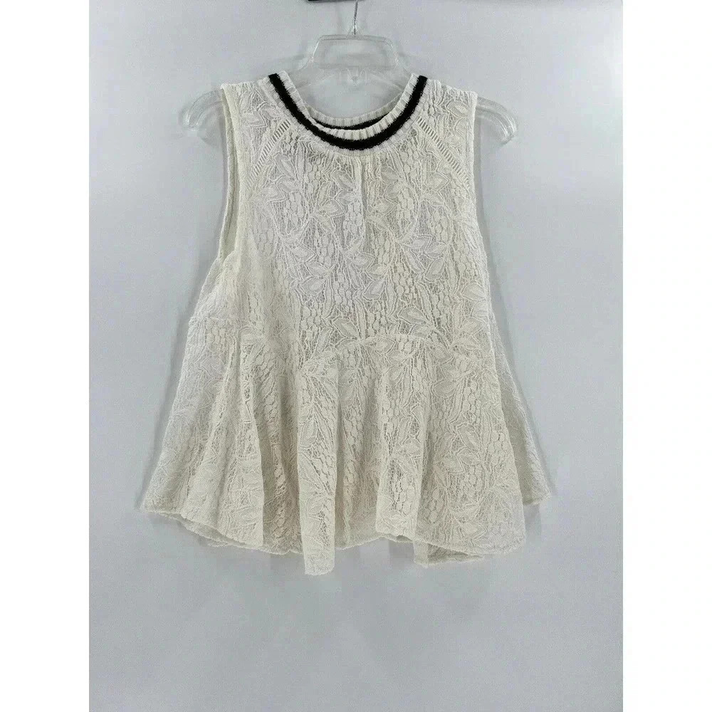 Free People White Swing Sleeveless Knit Neck Maisie Lace Shirt Top Small EUC